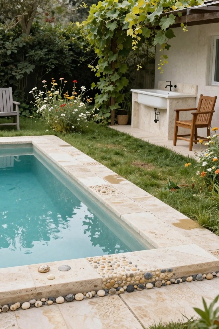 Rectangular lap pool with beige stone coping embedded with small pebbles along one edge, surrounded by grass, colorful flowers, a wooden bench, and an outdoor sink area with a chair.