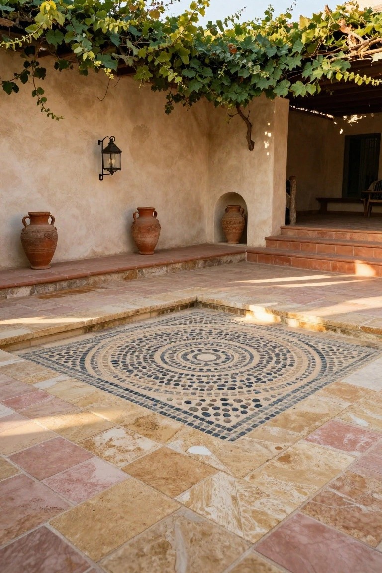 Square courtyard pool with central circular mosaic of black and white pebbles, surrounded by terracotta pots on a raised bench, adobe walls with vine-covered pergola, wall lantern, and beige stone tile patio flooring.