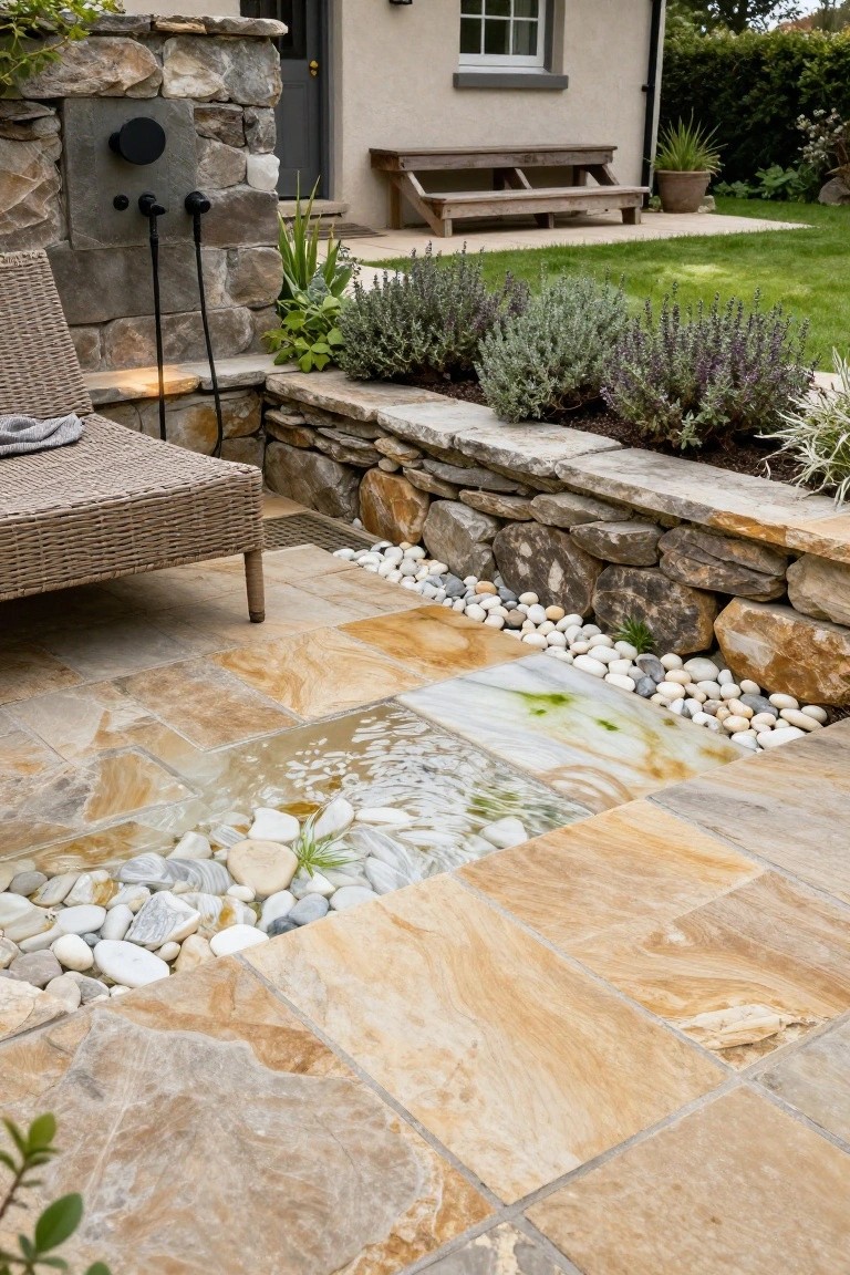 Outdoor stone patio with beige tiles and a linear water channel containing white pebbles visible beneath transparent panels, next to a stone wall with outdoor shower, lounger chair, and garden plants.