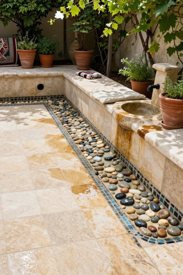 Beige stone tiles forming a pool deck edged with multicolored smooth pebbles in a blue mosaic border, with water flowing from a stone basin, potted plants, and greenery in an outdoor courtyard setting.