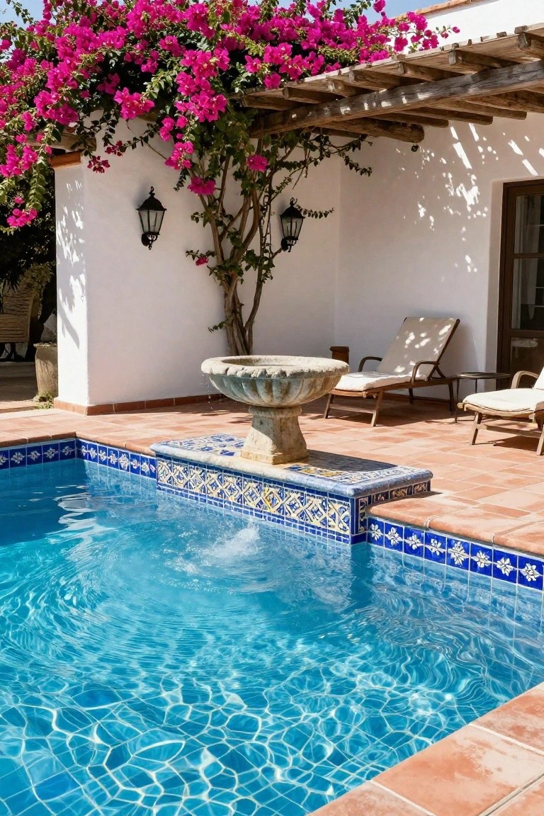 Carved stone fountain on blue patterned tile platform at the edge of a rectangular blue-tiled pool, surrounded by terracotta pavers, lounge chairs, white stucco wall with lanterns and pink bougainvillea vines under a wooden pergola.