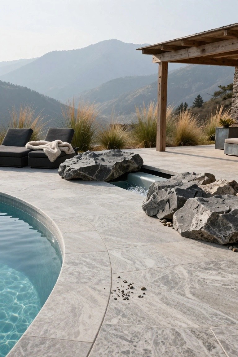 Curved blue swimming pool edged with light gray stone tiles and large dark boulders forming a water channel, near wooden loungers, tall grasses, and distant mountains under hazy sky.