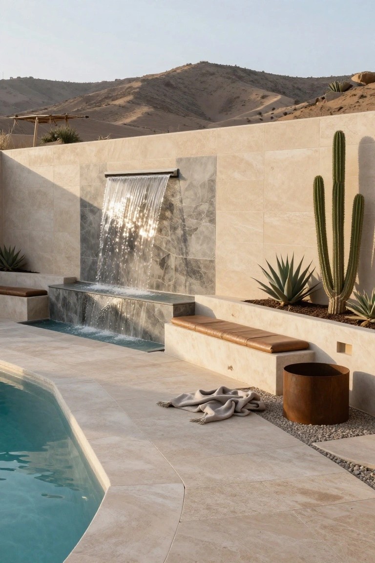 Outdoor pool area featuring a waterfall cascading from a gray stone wall section into the turquoise pool, with beige travertine paving, leather benches, cacti plants, and a rust metal planter nearby against a desert hillside backdrop.
