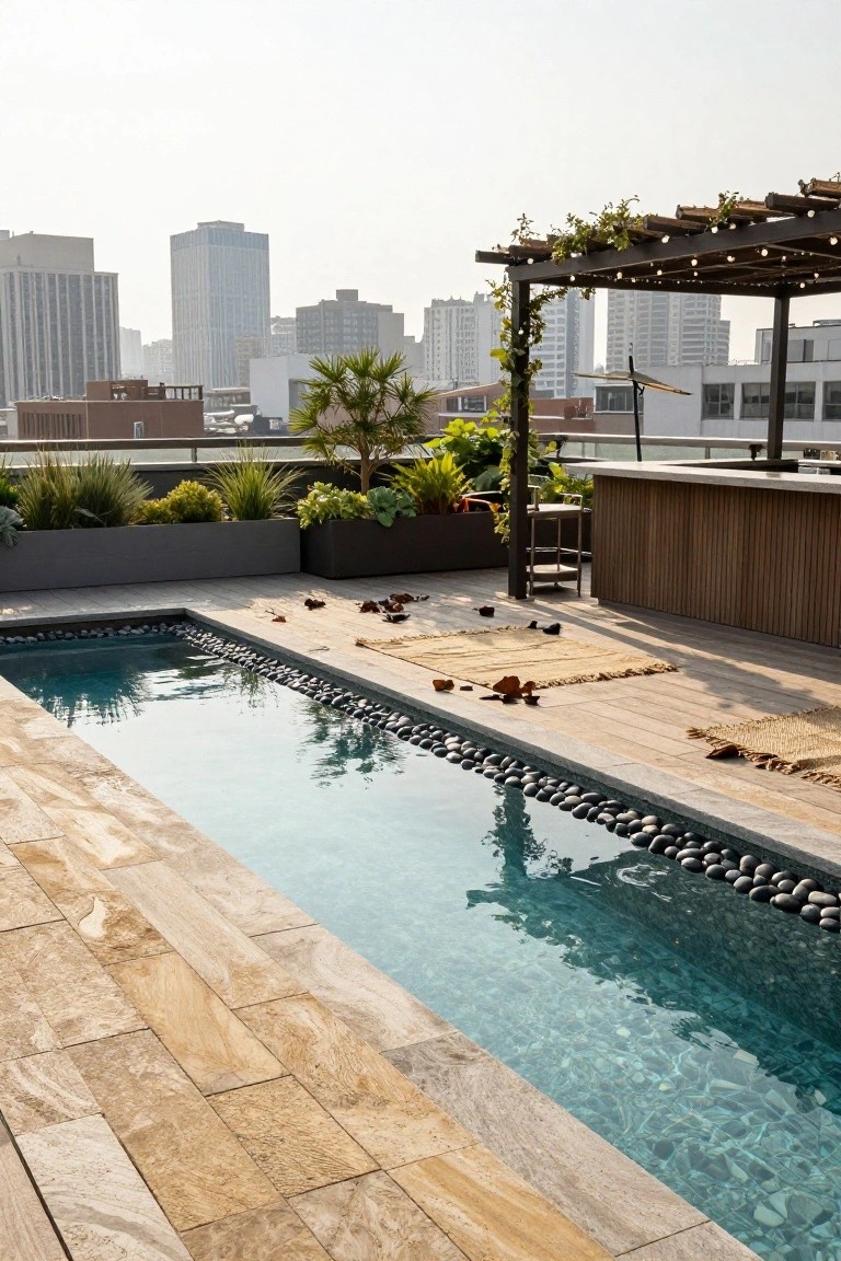 Narrow rooftop swimming pool with beige textured stone tile surround, black pebble edging along the pool, light wood decking, potted plants, wooden bar counter, vine-covered pergola, and city high-rises in the background.