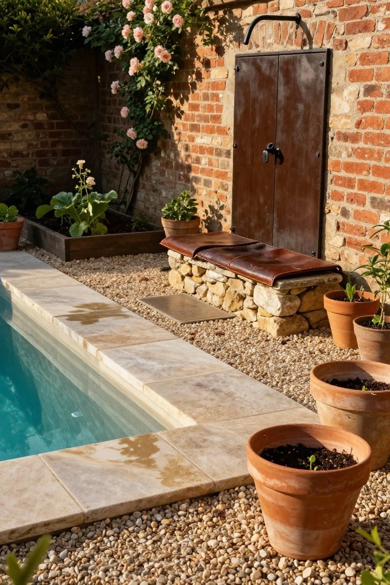 Pool edge with light beige tumbled stone tiles, turquoise water, adjacent gravel area with terracotta pots, wooden planter boxes, leather bench on stone base, and brick wall with climbing roses.