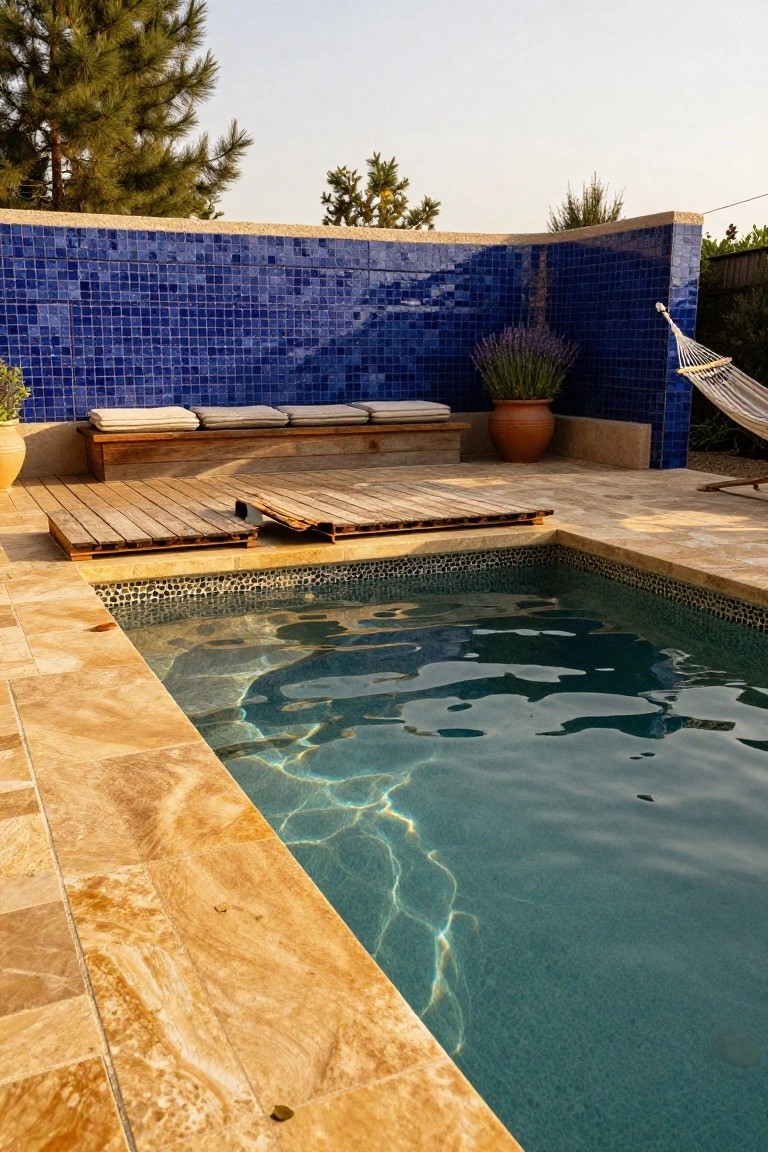 Small rectangular pool with beige travertine tiled surround and pebble mosaic bottom, adjacent wooden pallet deck, blue tiled wall with lavender plants, bench seating, terracotta pots, and hammock in outdoor setting.