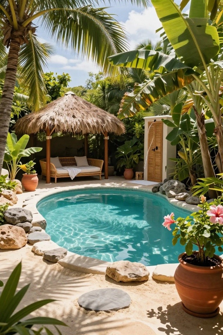 Turquoise oval swimming pool edged with large gray boulders in a tropical garden setting with palm trees, a thatched cabana with daybed, wooden outdoor shower, and potted plants.