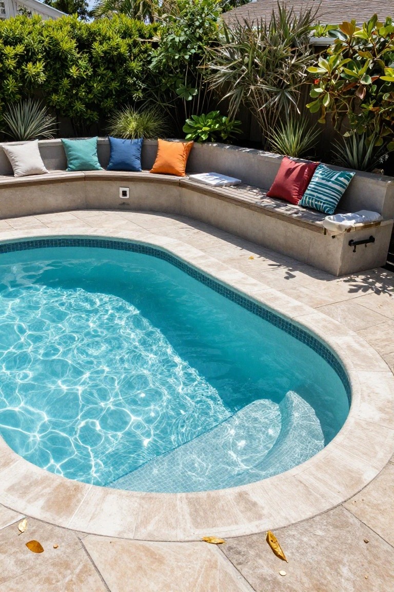 Oval turquoise swimming pool with curved beige stone bench seat along the edge, topped with colorful cushions in teal, blue, orange, red, and patterned fabrics, surrounded by tropical plants and travertine decking.
