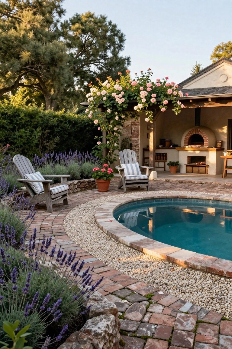 Oval swimming pool surrounded by curved brick path with pebble fill and lavender plants along the edge, two Adirondack chairs with cushions positioned nearby, outdoor kitchen with wood-fired oven and rose-covered arch in the background.