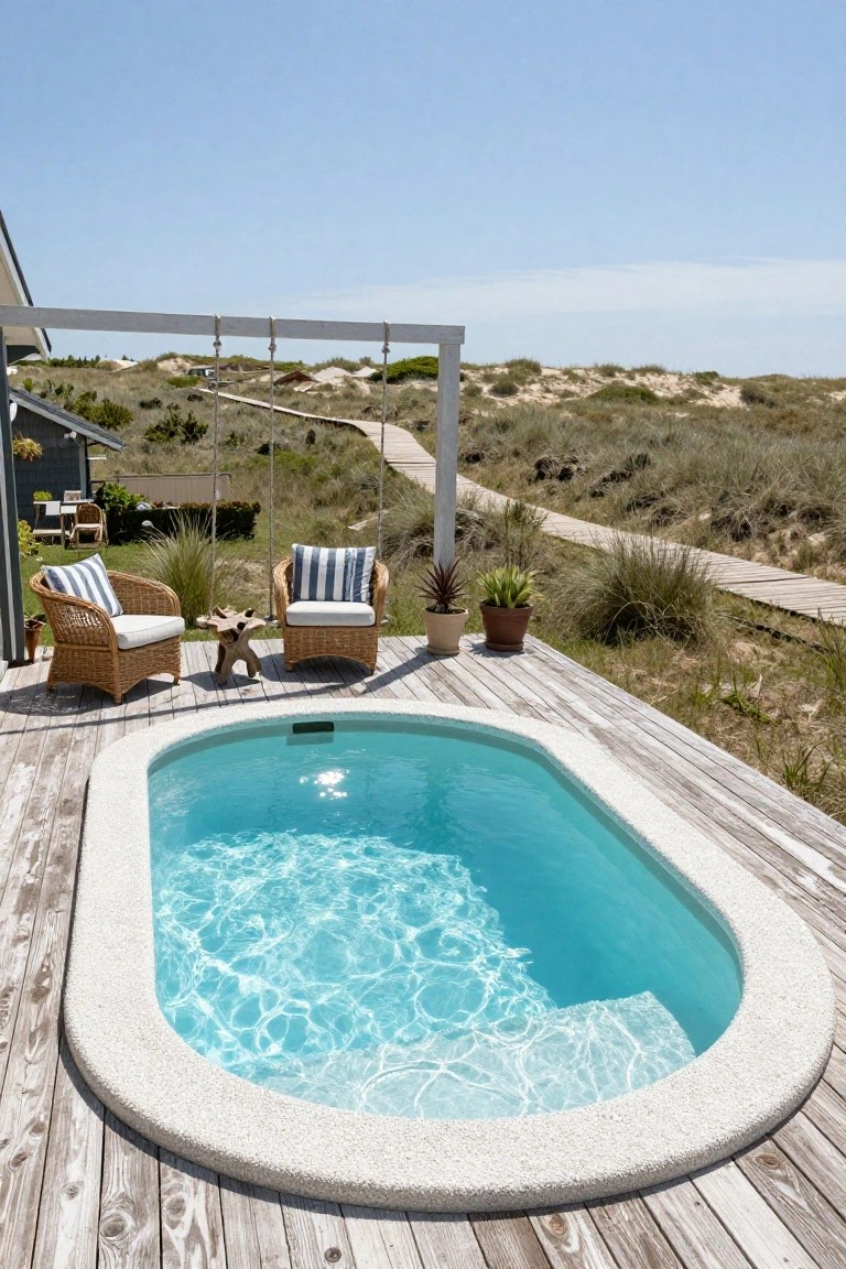 Small oval swimming pool integrated into a weathered wooden deck surrounded by wicker chairs, plants, and a boardwalk path leading to sand dunes under a clear sky.