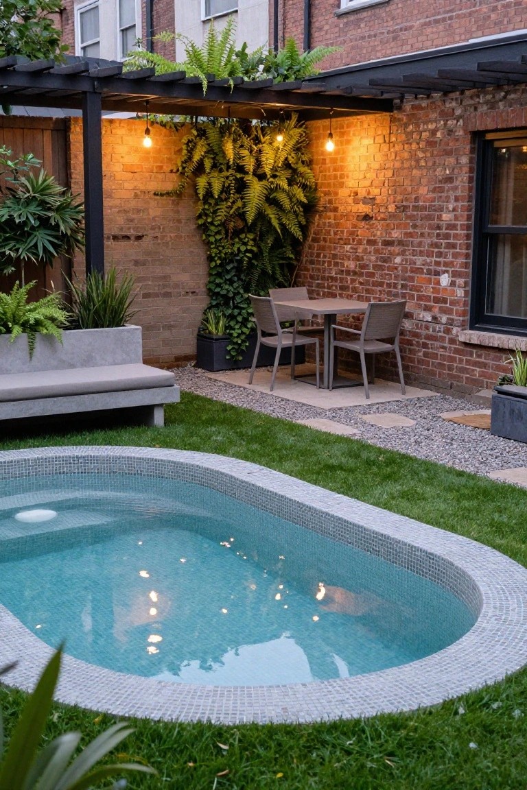Small oval pool with turquoise mosaic tiles embedded in green lawn, surrounded by plants and gravel paths, with a concrete bench, potted greenery, wooden pergola with string lights over a table and four chairs against a brick wall and house exterior.