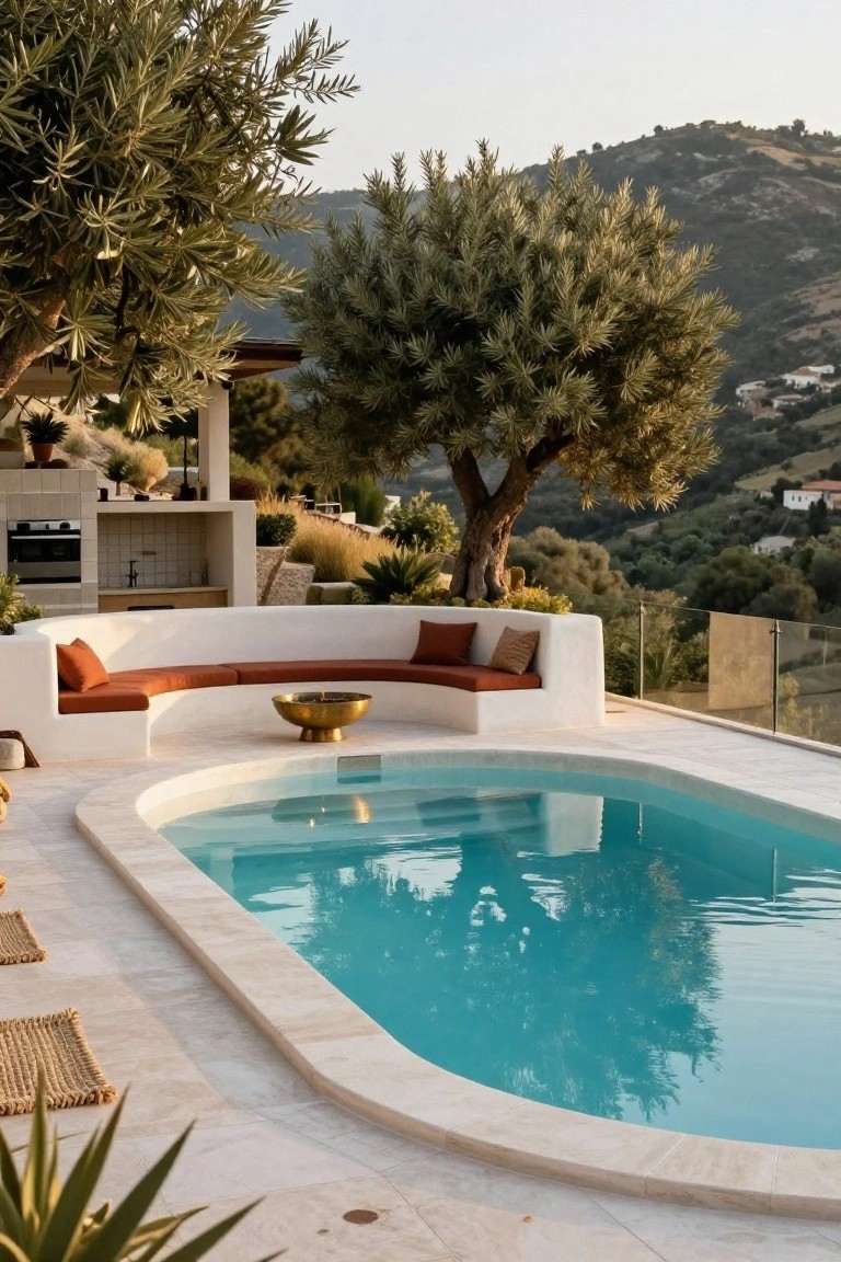 White curved banquette with orange cushions and central brass fire bowl beside an oval turquoise pool on light stone decking, with outdoor kitchen, olive trees, and hillside in the background.