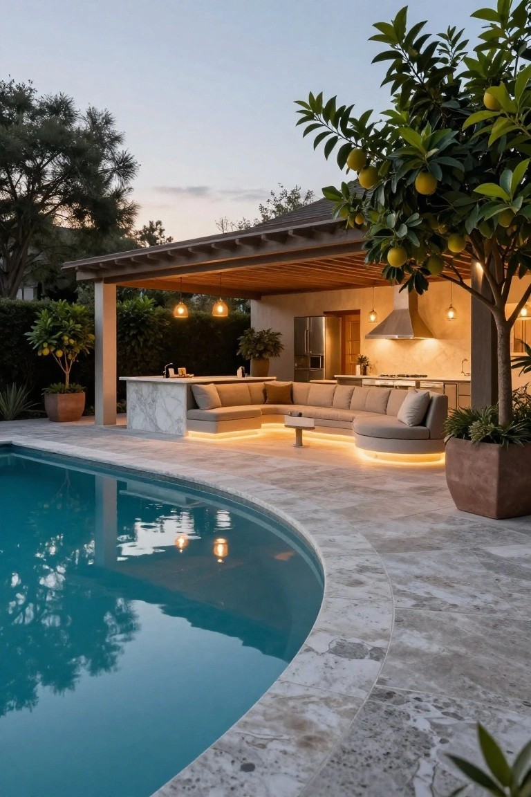 Oval blue swimming pool edged in light gray tile with curved built-in beige banquette seating, marble countertop bar, outdoor kitchen under wooden pergola, citrus trees, and landscaping at dusk.