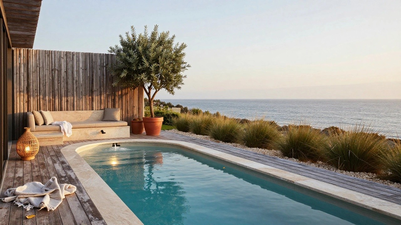 Oval turquoise pool with fountain in travertine surround, curved beige bench with cushions, potted olive trees, wooden fence, lantern, towels, and grasses in backyard at dusk.