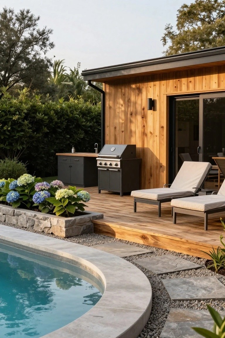 Wooden deck extending from a cedar-clad house with built-in black BBQ grill and sink, two beige lounge chairs, hydrangea planter in stone wall, and curved oval swimming pool edged in stone pavers.