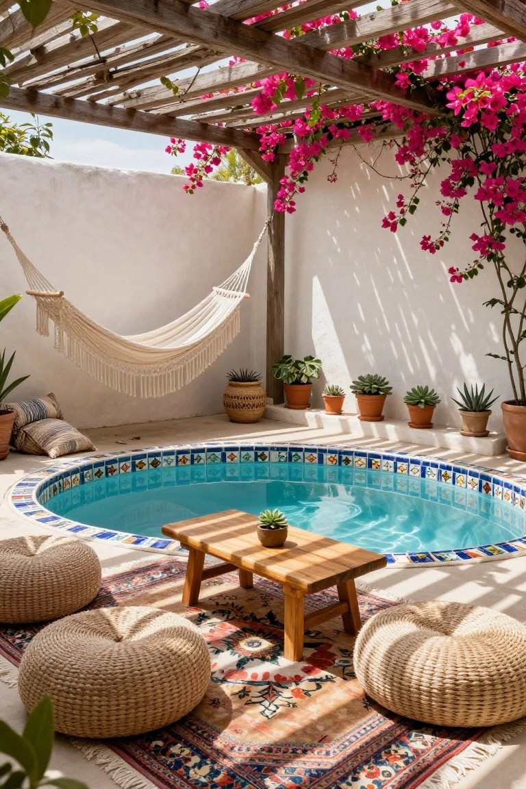 Small oval above-ground pool with blue and colorful tiled edging in a white stucco courtyard, featuring a white hammock, potted plants, woven poufs, wooden low table, and patterned rug under a wooden pergola with pink bougainvillea.
