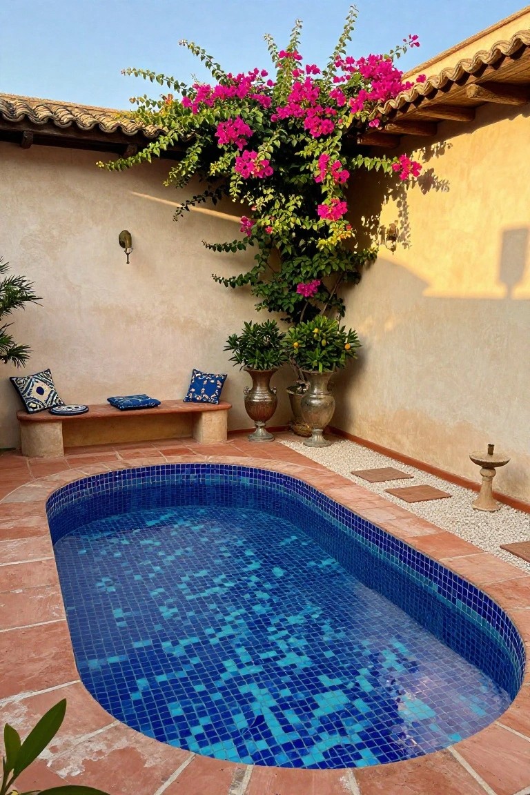 Small oval swimming pool with blue mosaic tiles in a terracotta-floored courtyard enclosed by beige walls, pink bougainvillea vines overhead, potted plants, and a stone bench with blue cushions.
