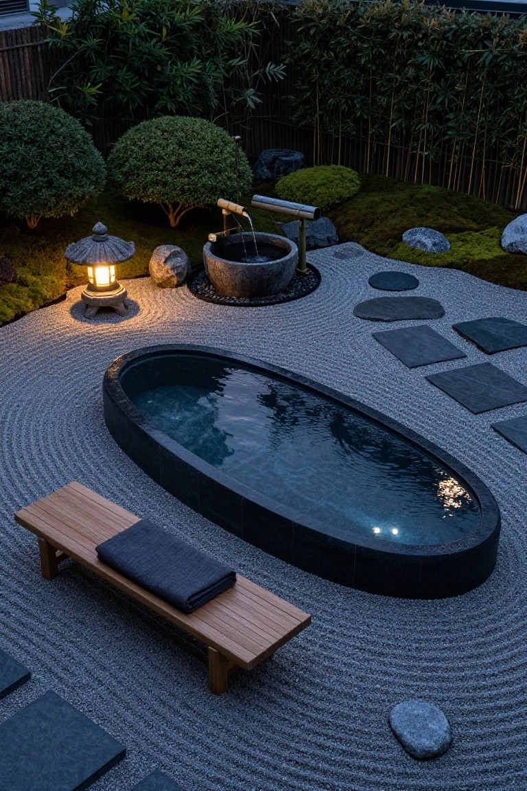 Overhead view of a dark oval in-ground pool centered in a zen garden with raked white gravel, gray stone stepping slabs, a lit stone lantern, bamboo water fountain, mossy ground cover, rocks, and a wooden bench with folded towel nearby.