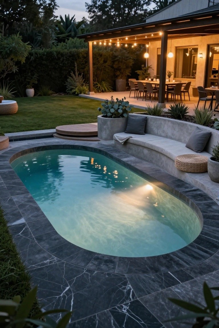Modern backyard with curved pool, stone deck, and lit patio at dusk.