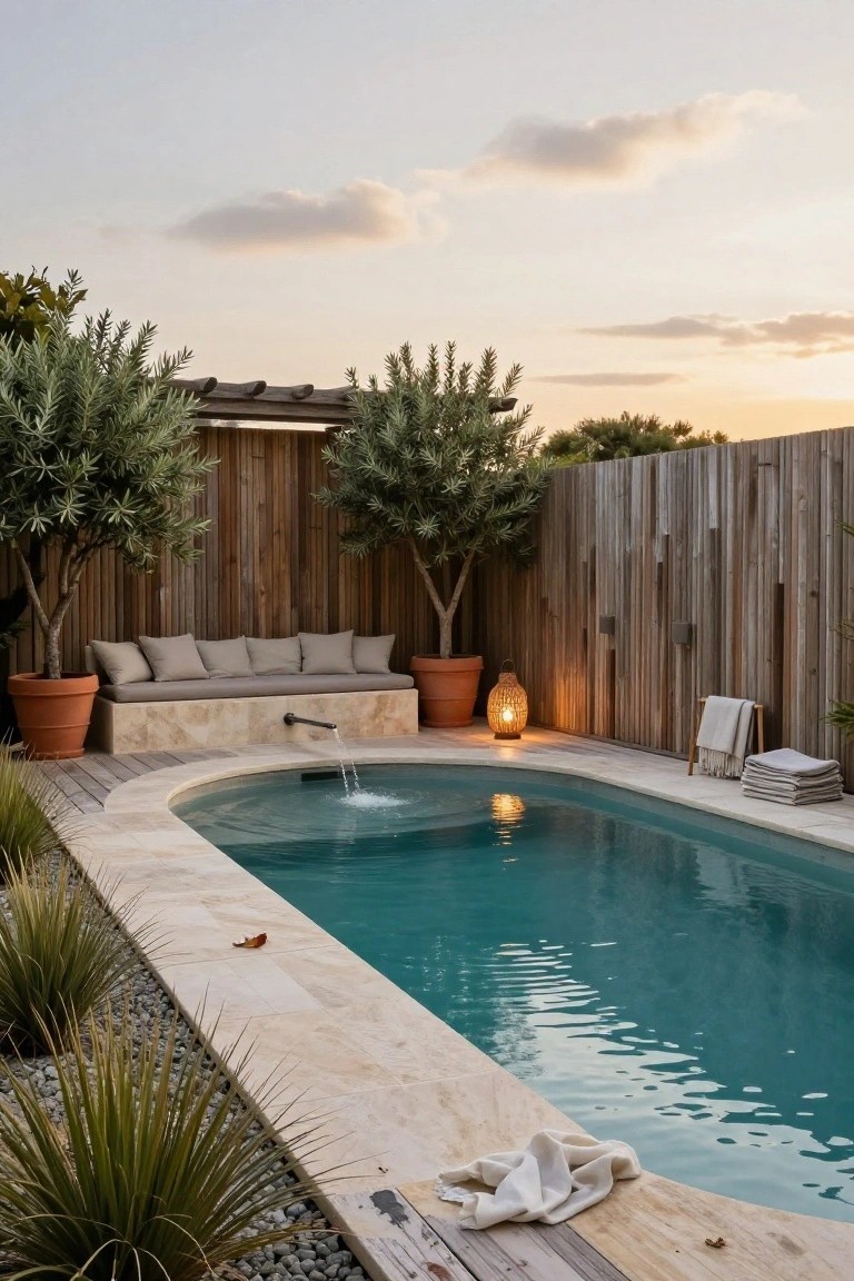 Oval turquoise pool with fountain in travertine surround, curved beige bench with cushions, potted olive trees, wooden fence, lantern, towels, and grasses in backyard at dusk.