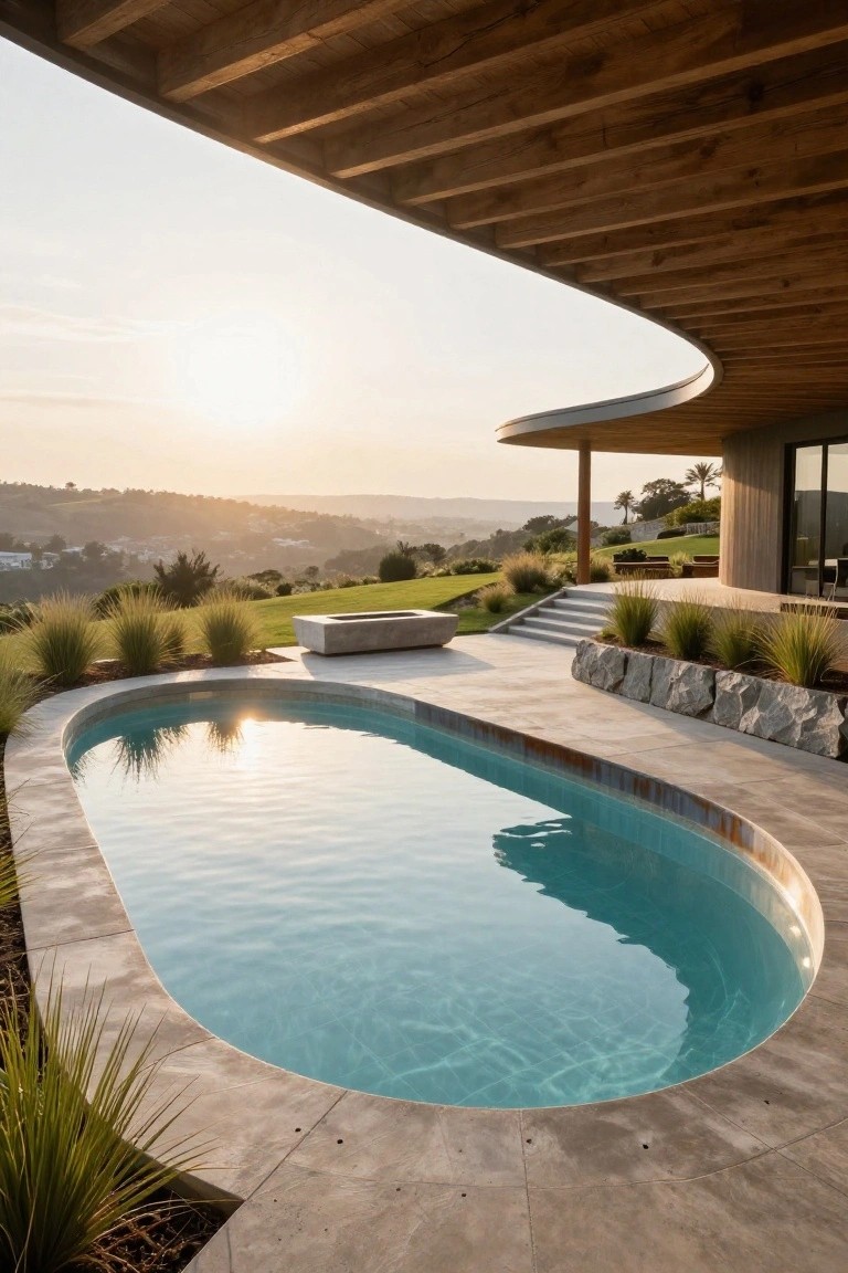 Curved turquoise oval pool with light stone decking edged by grasses and rocks, adjacent to a concrete fire pit bench and steps, under wooden cantilevered roof overlooking grassy hills and distant landscape at sunset.