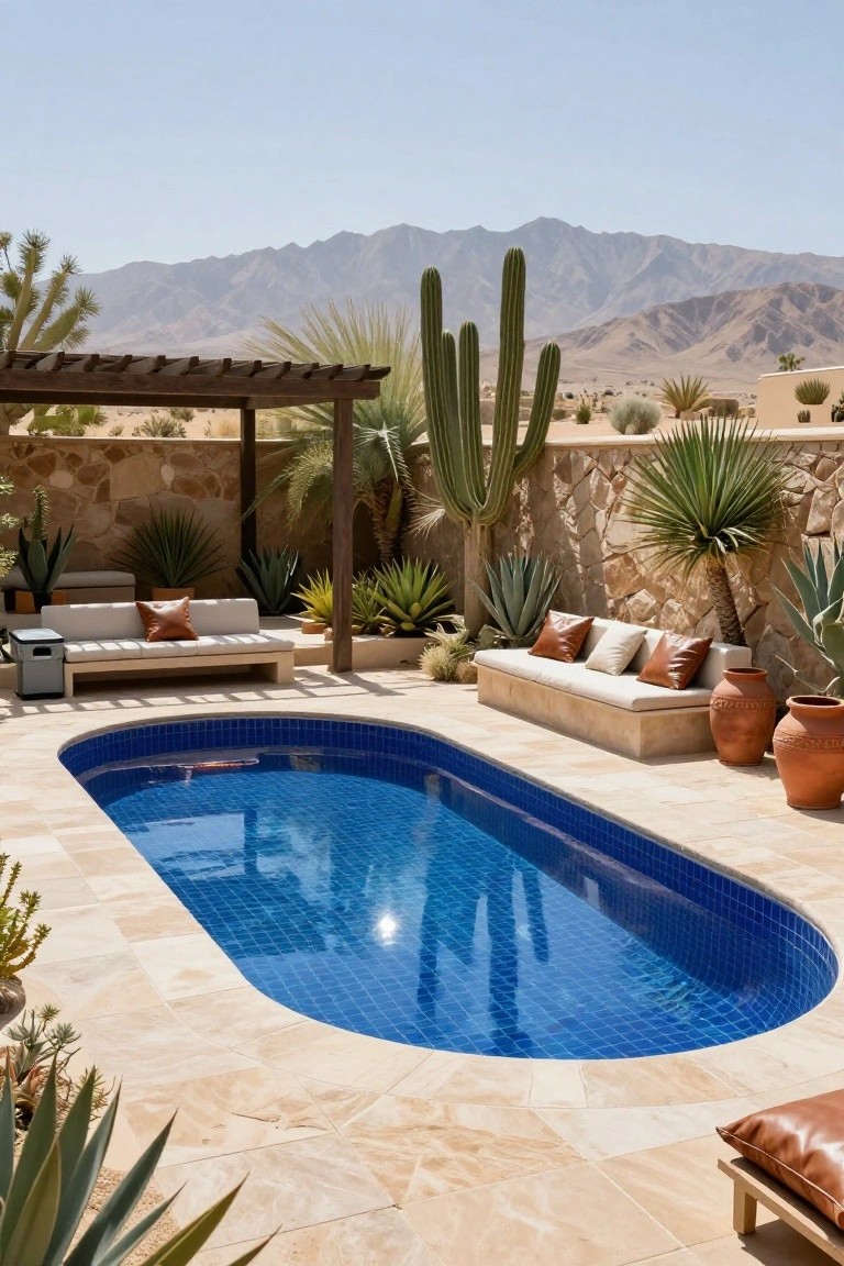 Oval blue mosaic-tiled pool in a walled desert courtyard with beige lounge benches along one side, terracotta pots, agave plants, cacti, fan palms, wooden pergola, and distant mountains under clear sky.