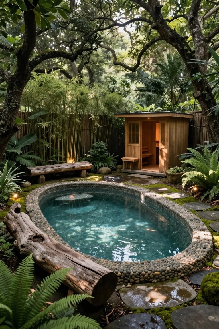 Oval swimming pool with pebble and stone edging, surrounded by tropical plants, ferns, bamboo fence, wooden sauna cabin, log bench, and driftwood accents in a lush garden setting.