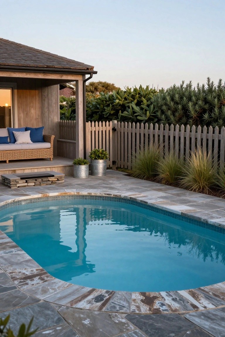 Oval turquoise pool surrounded by irregular gray stone pavers, adjacent to a raised wooden deck holding a rattan sofa with blue and white cushions under a shingled cabana, with plants, metal buckets, and picket fence nearby at dusk.