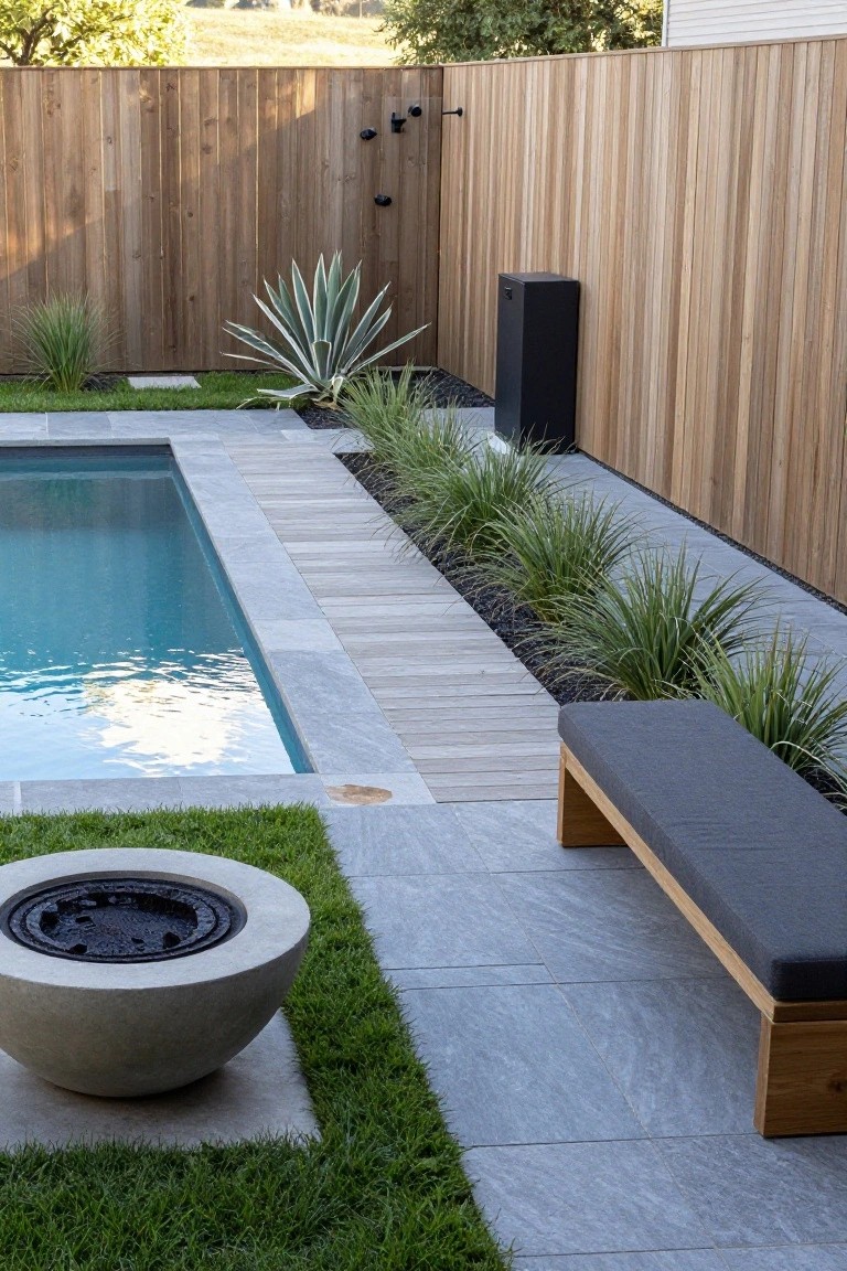 Oval swimming pool with gray tile coping and wood deck pathway along one side, concrete fire pit on grass nearby, cushioned wood bench, and low plants along a wooden fence.