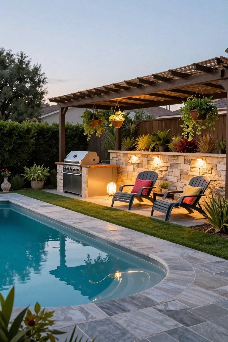 Oval backyard pool with gray paver border and adjacent grass lawn, stone-built BBQ grill under wooden pergola with hanging plants, two black cushioned recliner chairs on pavers, surrounded by hedges and potted plants at dusk.