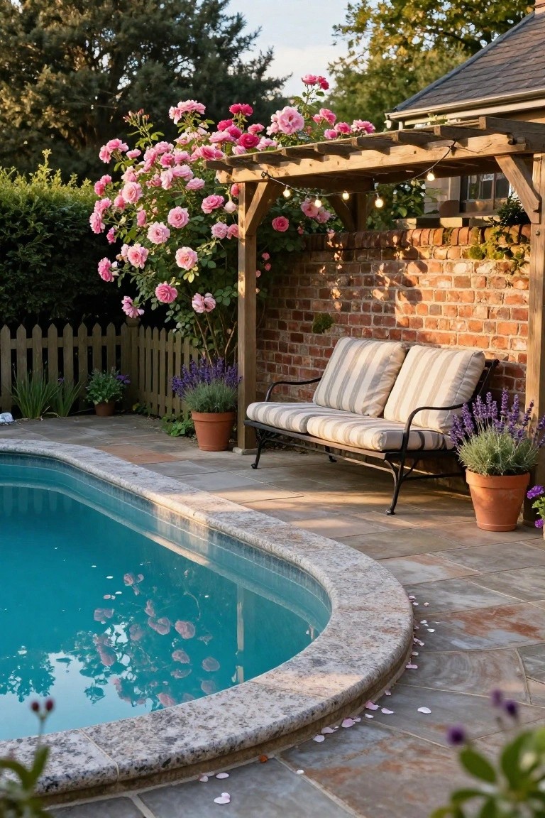 Oval turquoise pool with stone tile edging next to a wooden pergola covered in pink climbing roses, a beige striped bench beneath, potted lavender plants, and a brick wall backdrop.