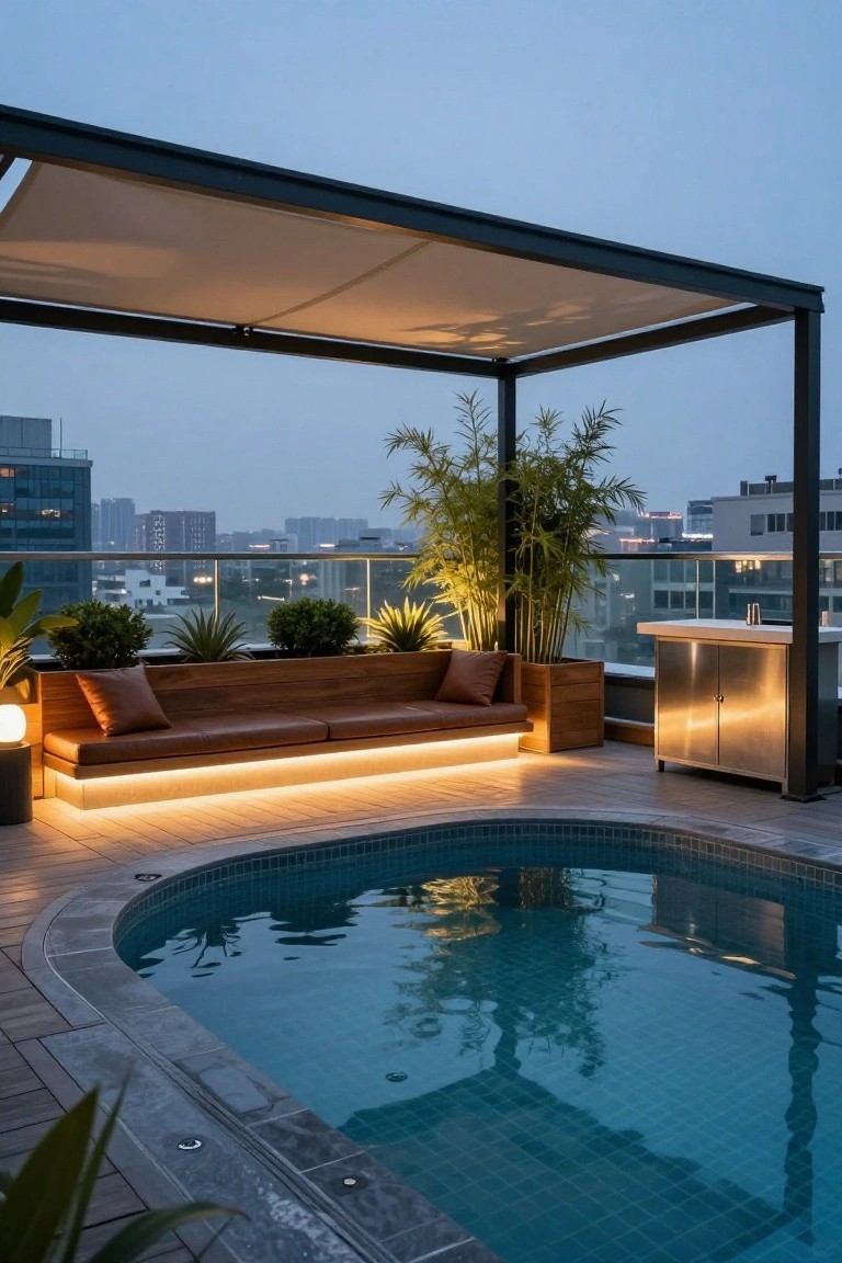 Rooftop terrace with oval blue mosaic pool, curved wooden bench with tan cushions and underlighting, potted plants, beige fabric pergola on black metal frame, stainless bar cabinet, and city buildings at dusk.