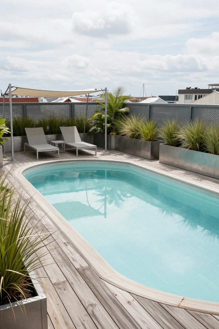 Oval turquoise pool integrated into light wooden decking on a rooftop terrace, flanked by metal planters with tall grasses, two beige lounge chairs, privacy screens, and a beige shade sail overhead with city buildings visible.
