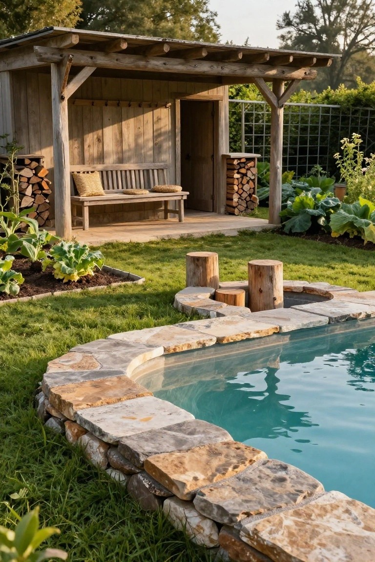 Curved turquoise pool with natural stone edging, surrounded by grass lawn, three tree stump stools, garden beds with leafy plants, stacked firewood, and a wooden shelter structure with bench.