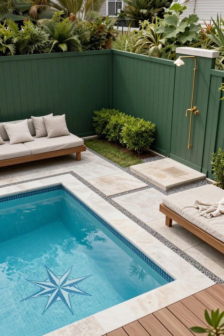 Overhead view of a small turquoise plunge pool with blue tiles and white nautical star mosaic on the bottom, bordered by travertine pavers and pebbles, flanked by wooden daybeds with beige cushions, green slatted fence, tropical plants, and gold outdoor shower.
