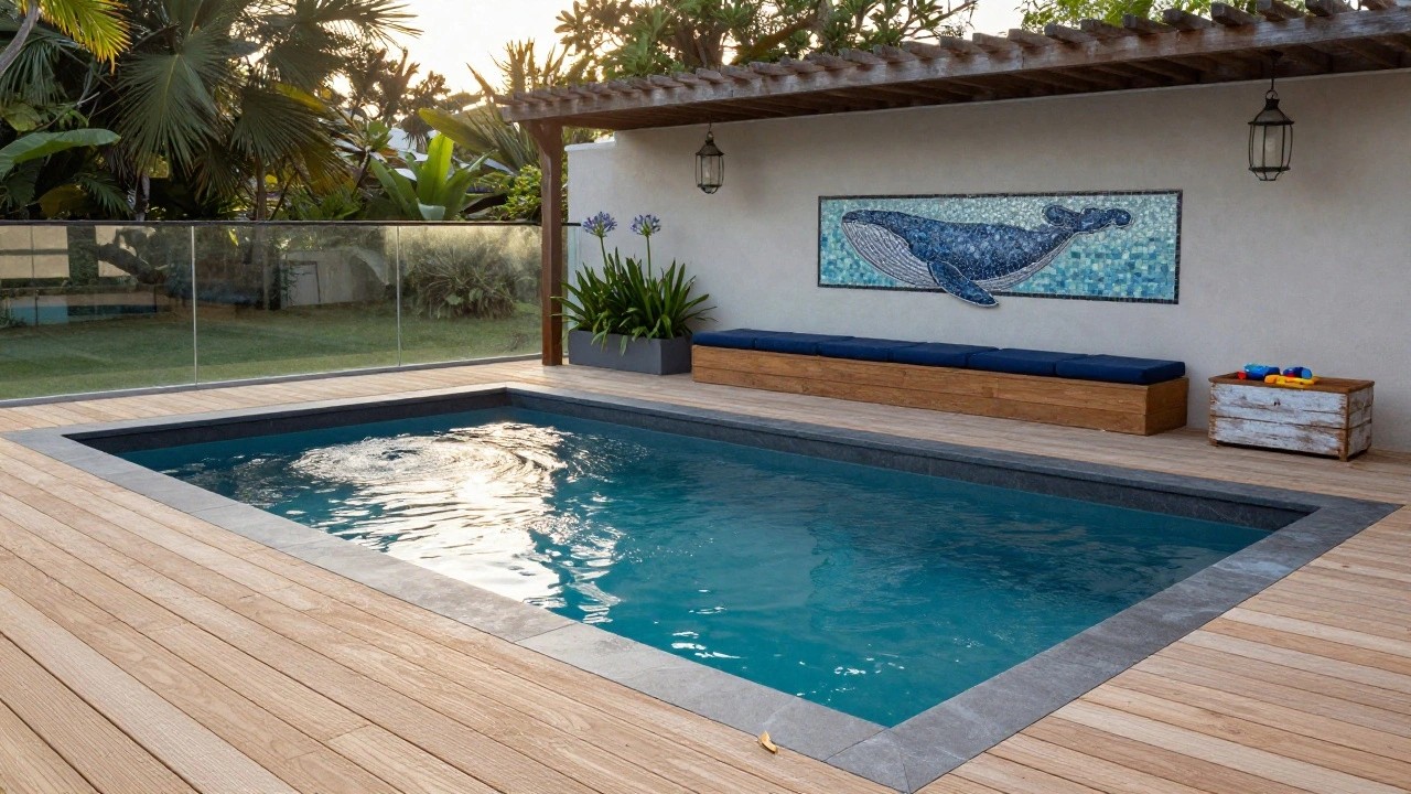 Wooden pergola covers an L-shaped built-in bench with navy cushions next to a turquoise pool, with a mosaic whale tile on a rendered wall, tropical plants, and a wooden deck.