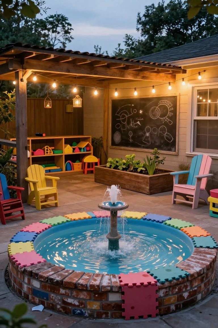 Outdoor covered patio at dusk with a shallow circular brick fountain surrounded by colorful interlocking foam mats, kids' chairs, toy shelves, plants in boxes, chalkboard wall, and string lights.
