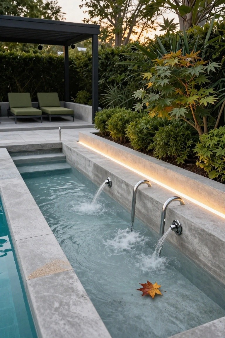 Narrow rectangular pool with grey stone surround and two chrome spouts cascading water into the clear blue-green water, LED lighting along the upper edge, ladders and steps visible, surrounded by landscaping, plants, and green lounge chairs under a black pergola.