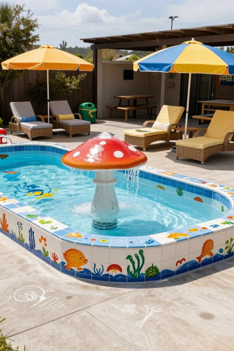 Small rectangular kids pool with red mushroom fountain spraying water in the center, blue and white tiles featuring fish and sea creatures around the edge, surrounded by lounge chairs, umbrellas, and outdoor seating under a covered area.