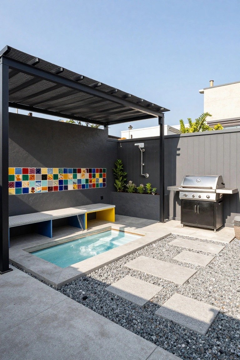 Modern outdoor patio with small pool, colorful tiles, grill, and stone path.