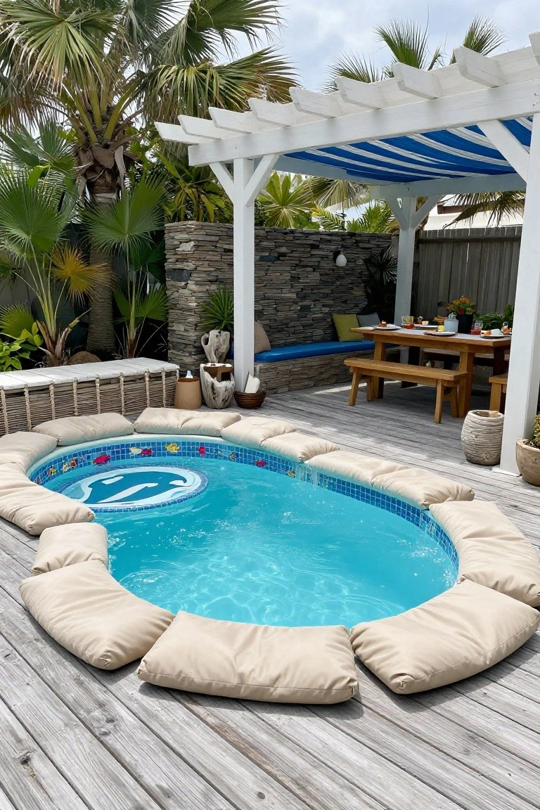 Kidney-shaped pool with blue mosaic tiles and dolphin design, surrounded by beige cushions on a wooden deck under a pergola with blue-striped canopy, next to a dining table and tropical plants.