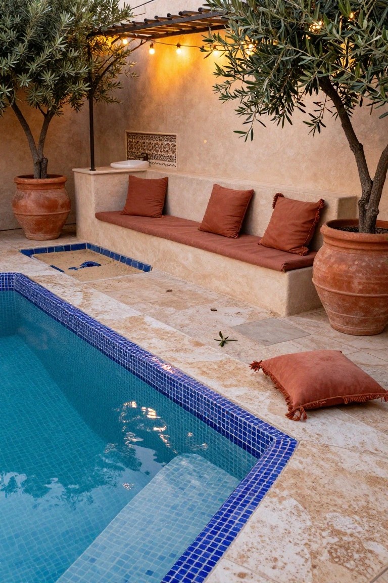 A small rectangular blue mosaic-tiled plunge pool in a beige stone courtyard with built-in benches along one side topped with red cushions, large terracotta pots with olive trees, string lights overhead, and a nearby sand-filled play area.