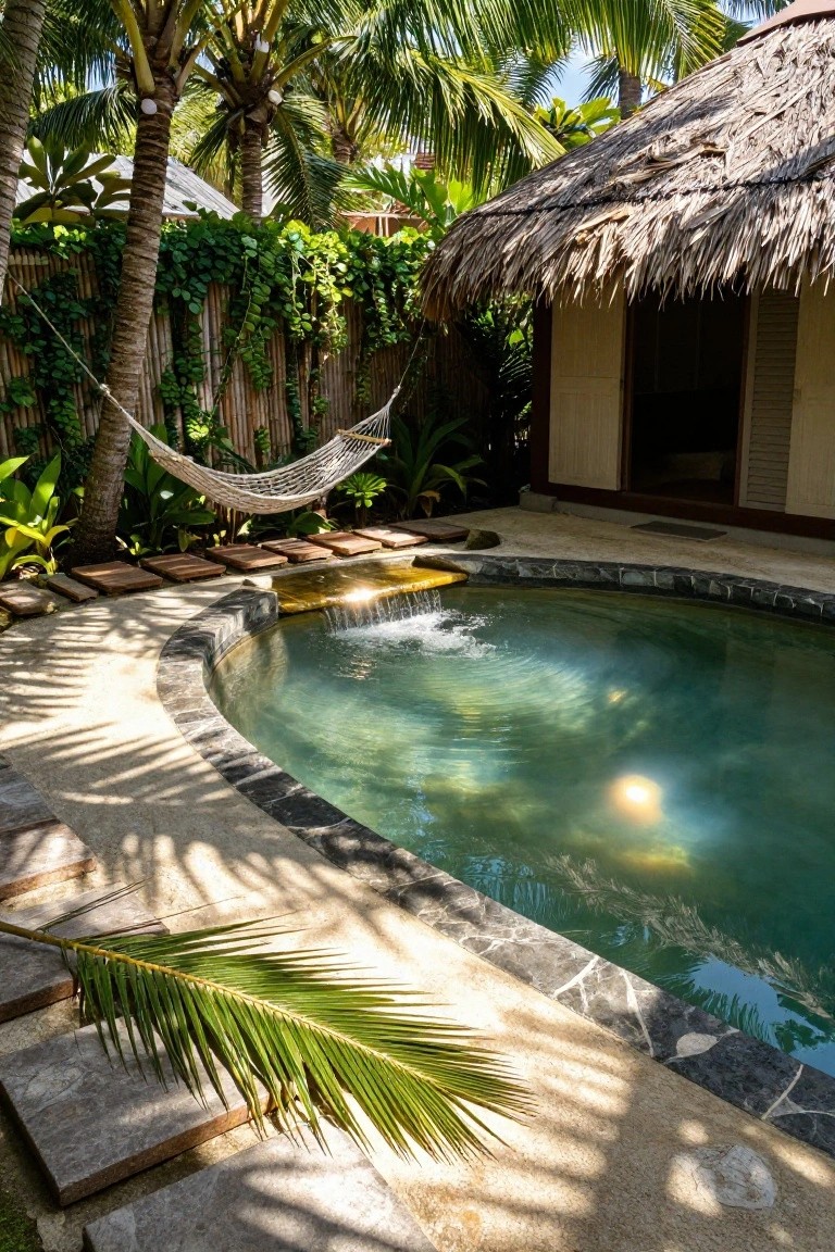 Curved turquoise outdoor pool with waterfall feature, white hammock hanging between palm trees and bamboo fence, surrounded by tropical plants and a thatched-roof structure.