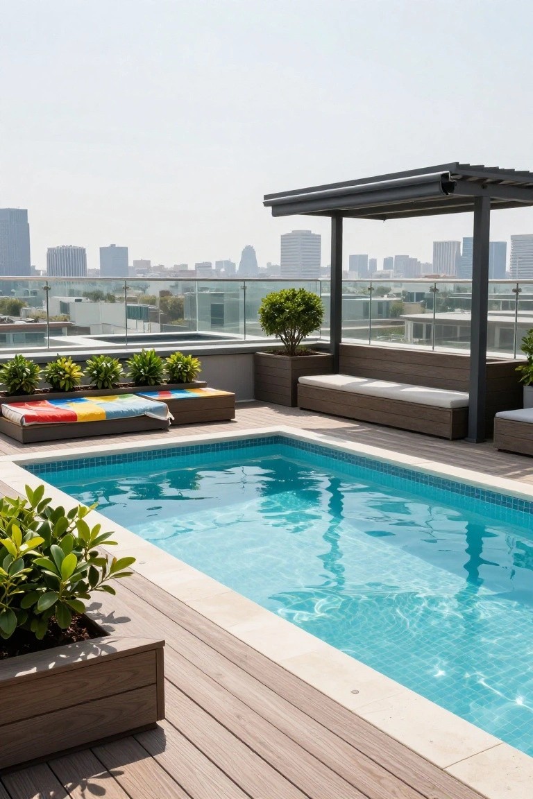 Rooftop terrace with rectangular turquoise pool, wooden decking, built-in wooden benches with multicolored cushions, potted plants, and shaded metal pergola overlooking city buildings.