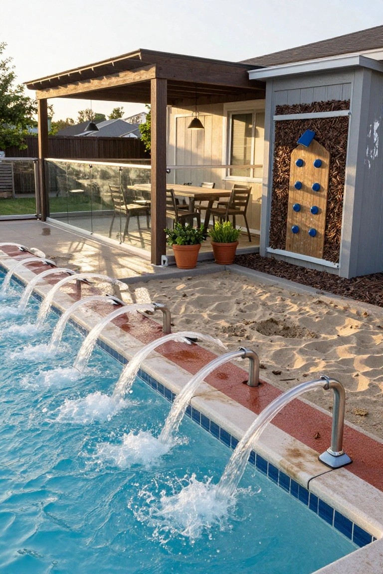 Backyard swimming pool with multiple stainless steel spouts arcing water from a red-tiled edge into the blue water, adjacent sandy play area, wooden pergola with dining table, potted plants, and a gray shed featuring a plywood climbing wall with blue holds.
