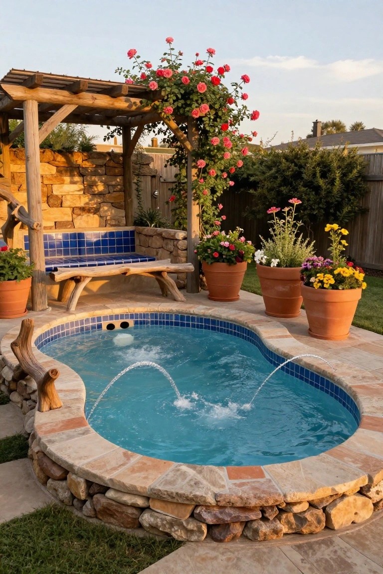 Small oval blue-tiled hot tub with two water jets in a backyard surrounded by natural stone edging, wooden pergola covered in red climbing roses, blue-tiled wooden bench, and potted plants.