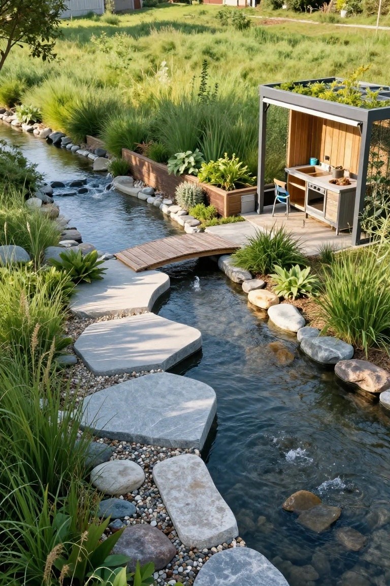 Aerial view of a landscaped garden with a winding artificial stream lined by rocks and plants, crossed by large irregular concrete stepping stones and a wooden bridge, next to a small pavilion with a kitchenette.