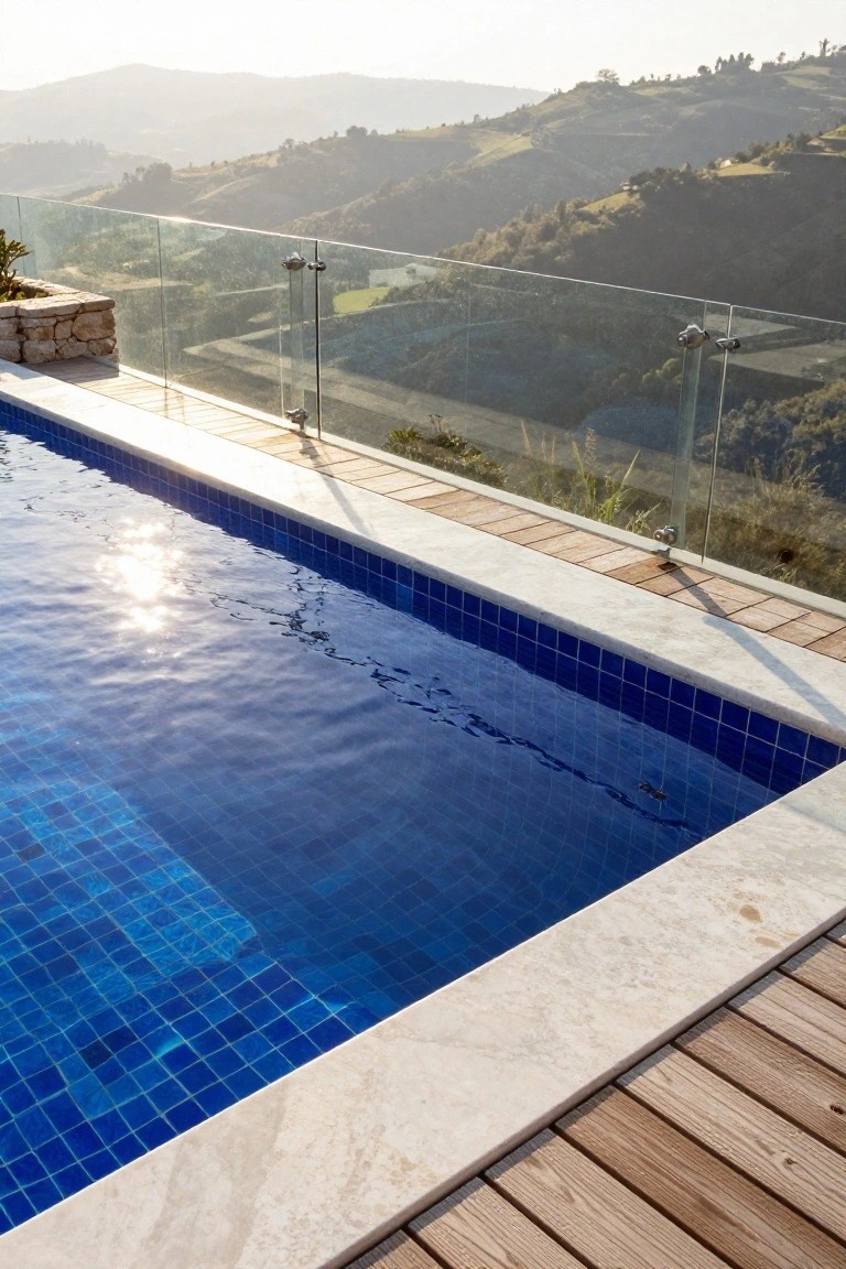 Close-up of a rectangular infinity-edge pool lined with small blue mosaic tiles, edged in white marble and wooden decking with glass balustrade, overlooking green hills at sunset.