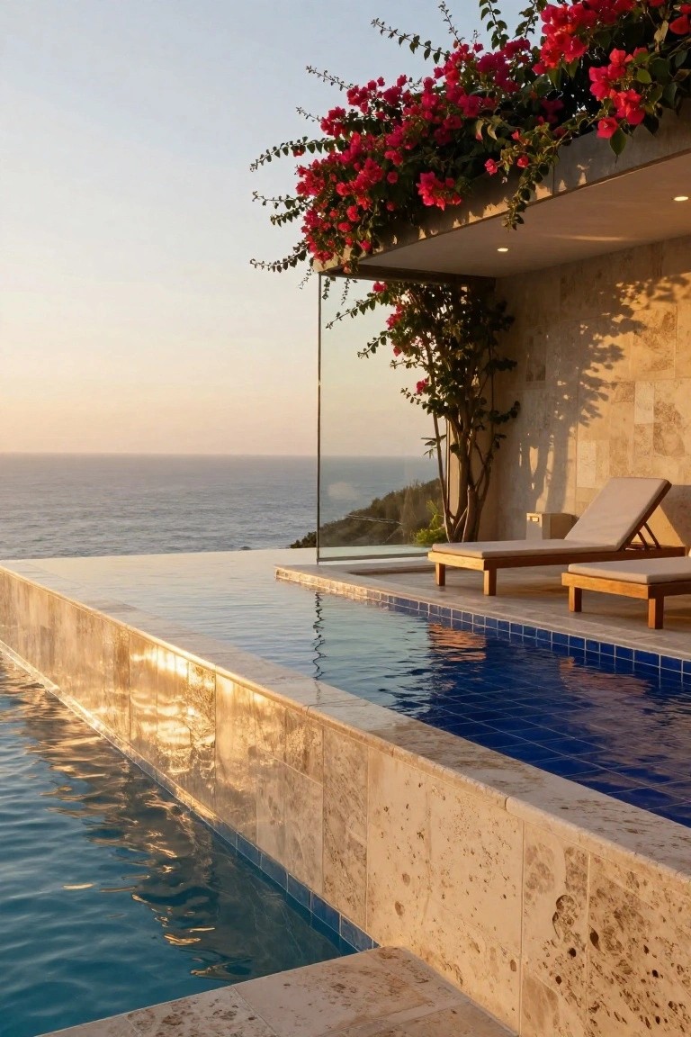 Infinity edge outdoor pool with blue tiles, beige stone decking and edging, two wooden loungers with beige cushions nearby, bougainvillea vines on stone wall, glass railing, and ocean view at sunset.