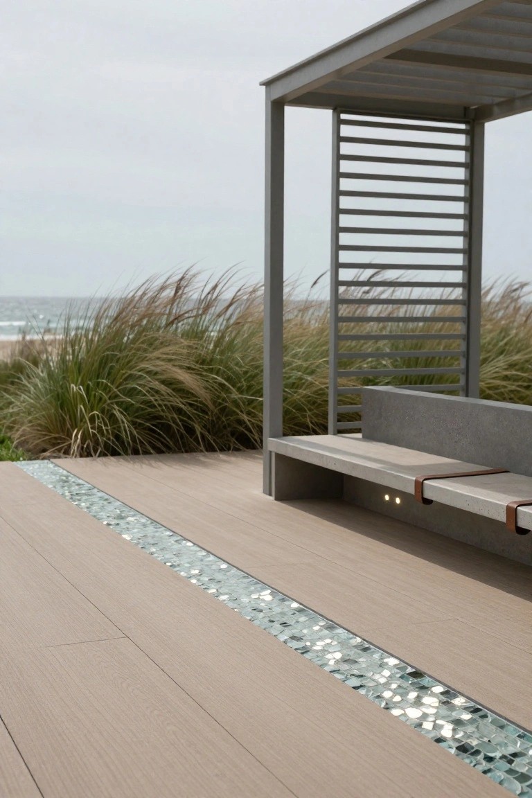 Wooden deck with a linear strip of iridescent crushed glass tiles, next to a concrete bench under a metal pergola structure, tall beach grasses, and ocean in the background.